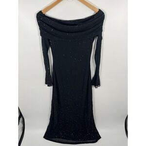 Black Tie Wedding Guest Gala Women Dress XS Black Sparkly Off The Shoulder Sheer